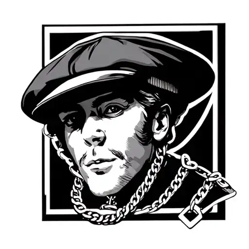 flat cap and necklace with a square pendant chain tattoo design idea
