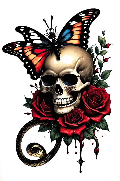 Skull butterfly barbed wire gun blood roses razor snakes cigarette drink tattoo design idea