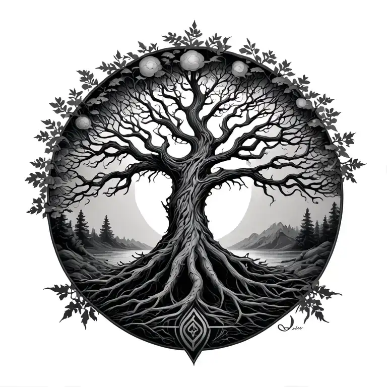 Yggdrasil tree with nordic tattoo design idea