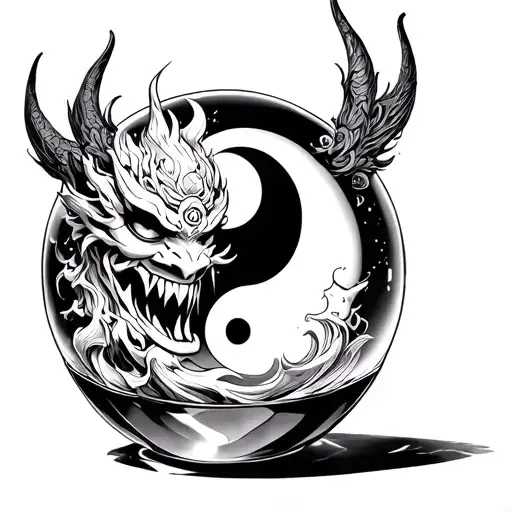 Oni mask with ying and yang inside a crystal ball in the ONI Mask tattoo design idea