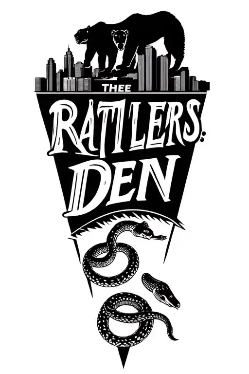 Pittsburgh city skyline,2  bears, 2rattlesnakes and a phrase that says the rattlers den  tattoo design idea