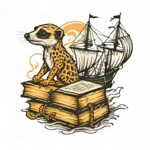 meerkat, books, pirate ship sailing through stormy tattoo design idea