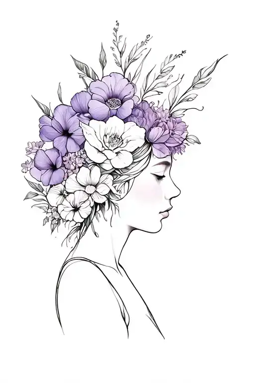 violets, daffodils, peonies, water lily's, poppies, and gladiolus coming out of a feminine head like a crown  tattoo design idea