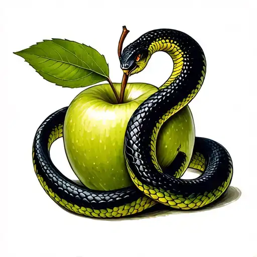 Black snake wound around dark green apple tattoo design idea