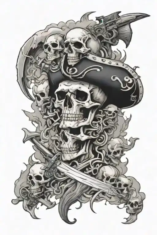 sea ​​with pirates, treasure, pistols, skulls, clouds, lightning, skeletons, storm, knives tattoo design idea