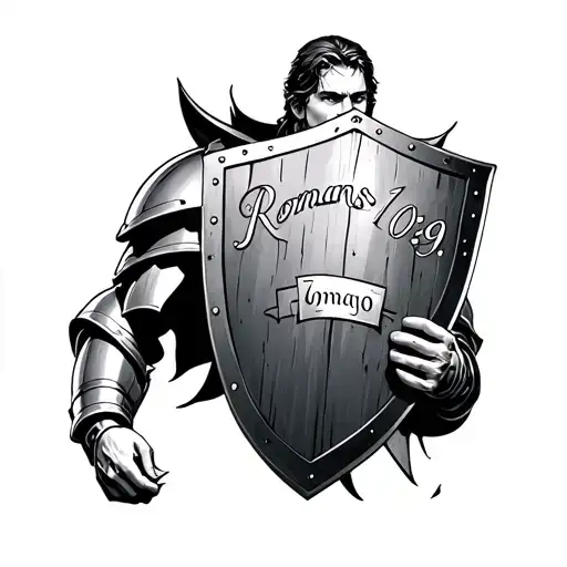 God of armor tattoo with shield held at his chest with little lettering of "Romans 10:9"  tattoo design idea
