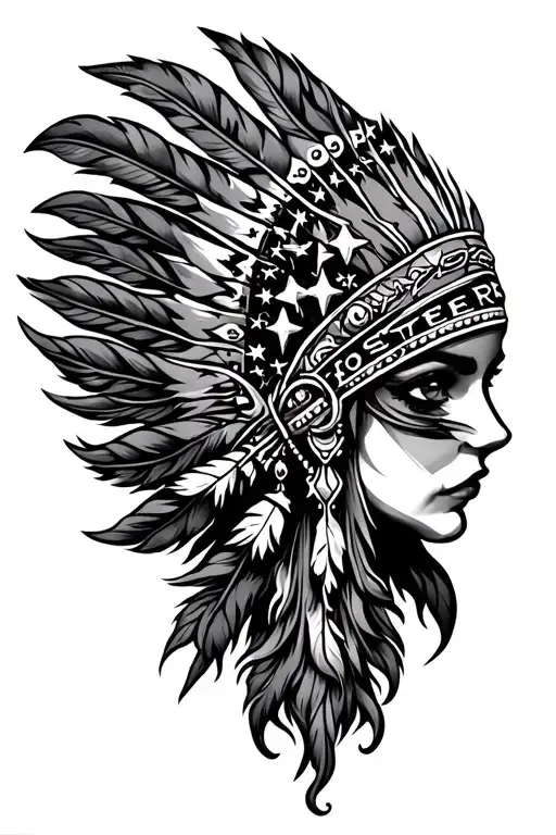 "FOSTER" headdress with stars and feathers and flames with stars mixed in  tattoo design idea