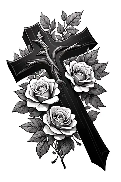 Christian Cross with roses surrounded tattoo design idea