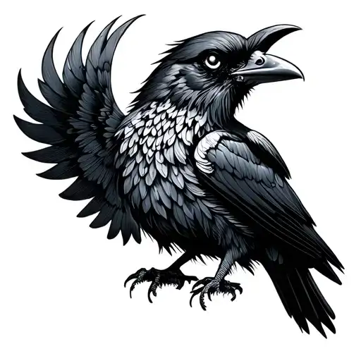 A mystical crow with intricate dotwork patterns, featuring subtle anime-inspired details like glowing eyes or wings tattoo design idea