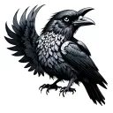 A mystical crow with intricate dotwork patterns, featuring subtle anime-inspired details like glowing eyes or wings tattoo design idea