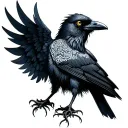 A mystical crow with intricate dotwork patterns, featuring subtle anime-inspired details like glowing eyes or wings tattoo design idea