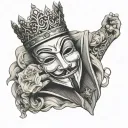 anonymous mask in crown holding book in hands tattoo design idea