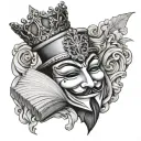 anonymous mask in crown holding book in hands tattoo design idea