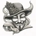 anonymous mask in crown holding book in hands tattoo design idea