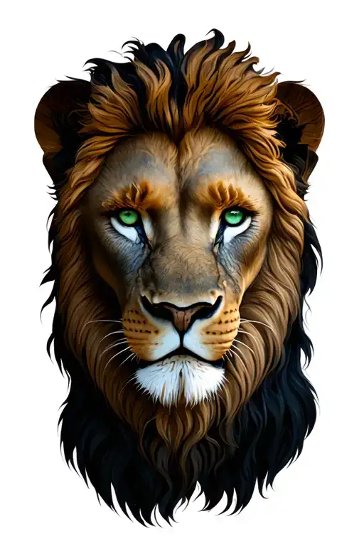 Greek/Roman references with 3 sentences, and a bluish green eye and a coat with a lion tattoo design idea