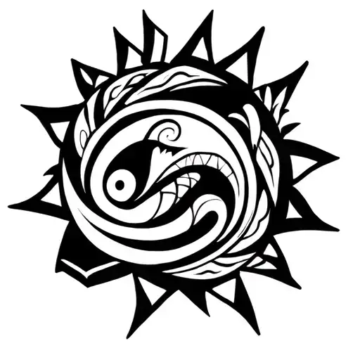Maori tattoo, sun, mountain, koru, manaia, hei matau, shark, turtle and Maquesan geometric patterns tattoo design idea