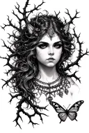 Gargona with a necklace, around branches with thorns and butterflies tattoo design idea