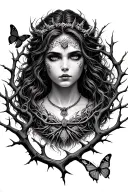 Gargona with a necklace, around branches with thorns and butterflies tattoo design idea