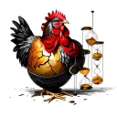 Surreal hen-woman, centered. Cracked golden egg with falling hourglasses. Slavic dress, red shawl, eyes covered with red tattoo design idea