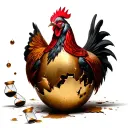 Surreal hen-woman, centered. Cracked golden egg with falling hourglasses. Slavic dress, red shawl, eyes covered with red tattoo design idea