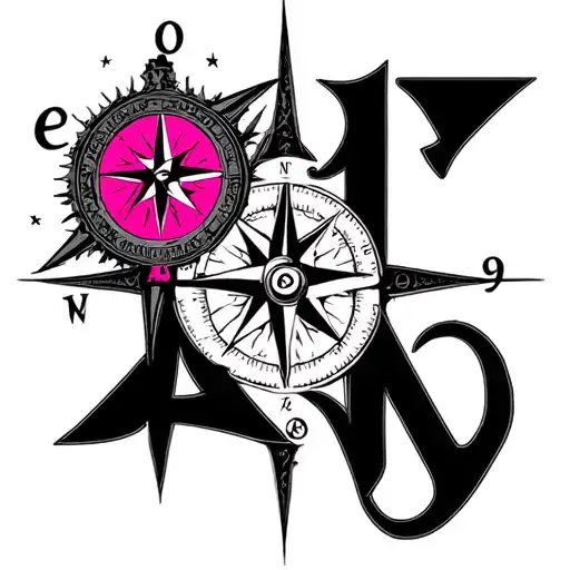 A compass and pink of the winds with the letters L, a, n the dates 11/12/13.28/05/18.09/10/18 Gothic letters tattoo design idea