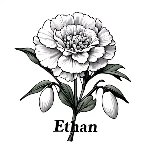 carnation and snowdrop flowers with the name Ethan  tattoo design idea