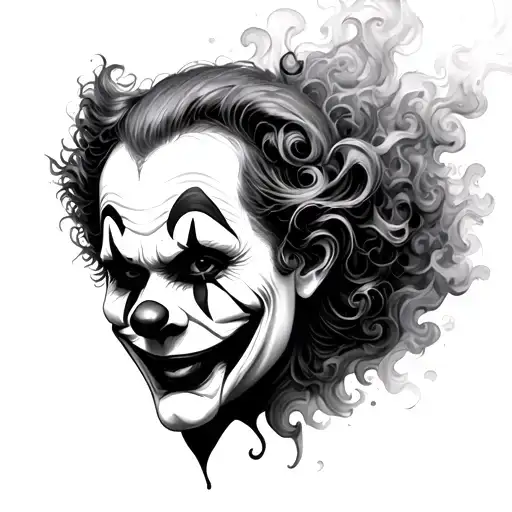 black and white, detailed head of a Clown, creepy, surreal, swirling patterns, smoke, intricate linework, horror, gothic tattoo design idea