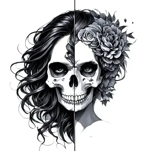 Hela Goodes. half skull and hald women tattoo design idea