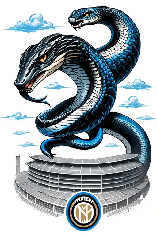 Realistic tattoo. San Siro stadium, above it, a black and blue king cobra, above it, clouds and the Inter FC emblem tattoo design idea