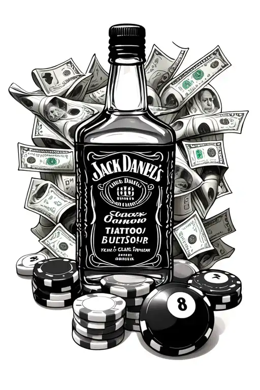 Main centerpiece: Large Jack Daniel’s bottle rolled up bills bag of coke poker chips 8 ball  tattoo design idea