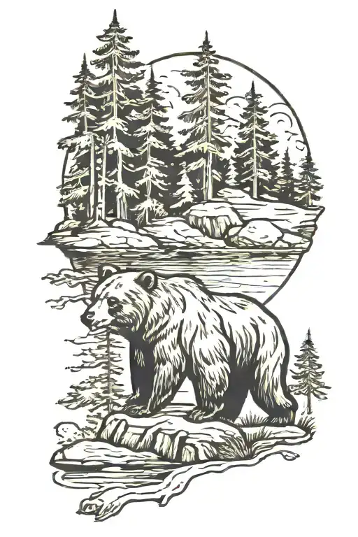 bear, dog and forest scene tattoo design idea