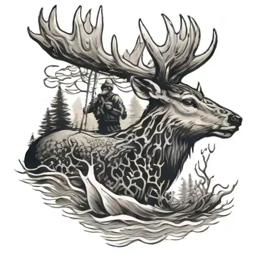 fisherman on water forest deer tattoo design idea