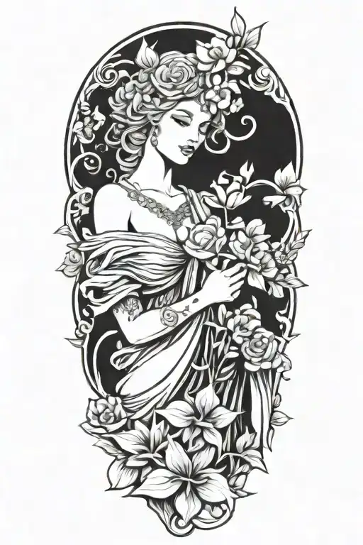 fortuna goddess holding a bouquet tattoo design idea