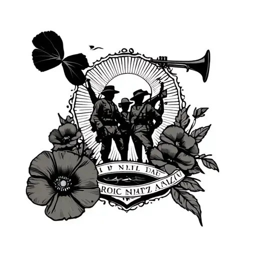 Australian Anzac themed , on the stomach piece , raising sun badge , poppies , silhouette of troops and trumpeter  tattoo design idea