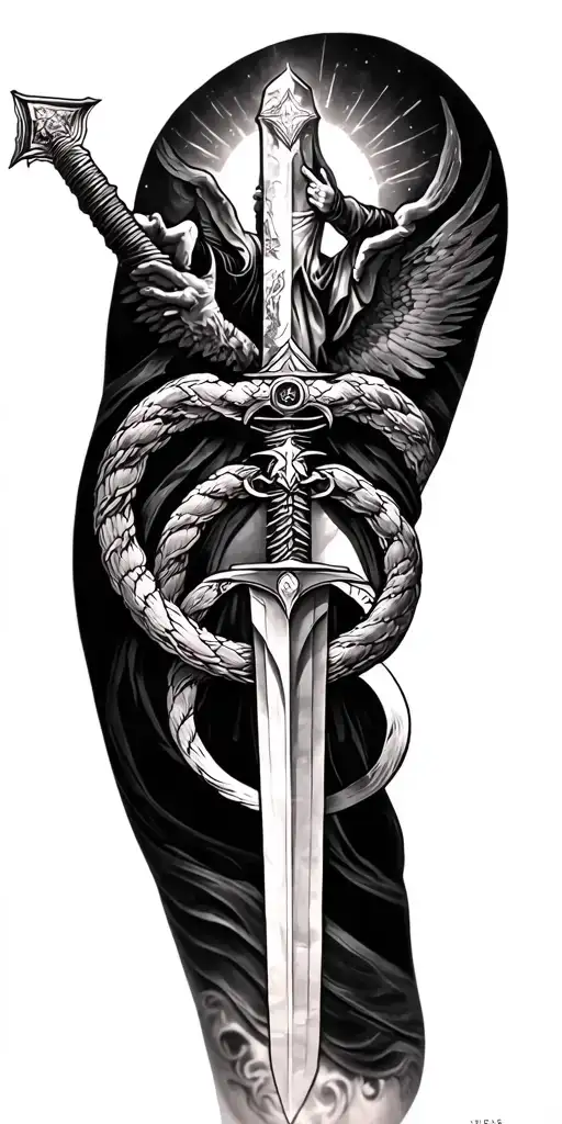 fallen anel,Ouroboros,saint gabriel with the sword detailed full sleeve tattoo design idea