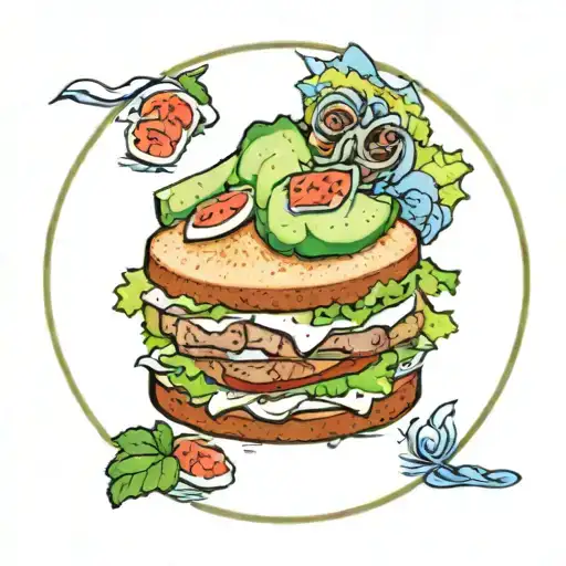 tuna salad sandwich on grilled sourdough with lettuce tomato and cucumber. on a blue and white china plate tattoo design idea