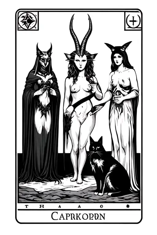 tarot card featuring capricorn, hekate, lilith, a cat and the devil tarot card tattoo design idea