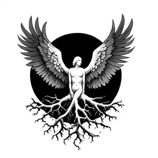 roots and wings flying tattoo design idea