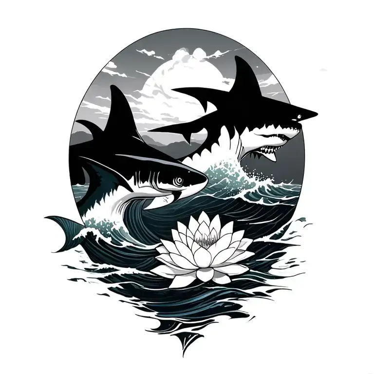 ocean waves,sharks with shadow,island and geo lotus with Mandela tattoo design idea