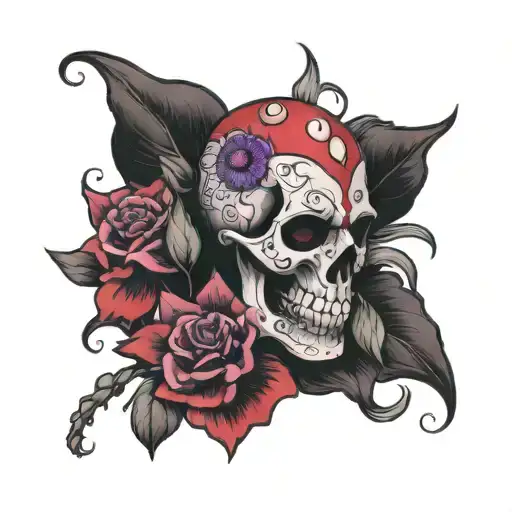 Pretty Tattoo of  red skull with magical purple flower. It pretty and small on hand.  tattoo design idea