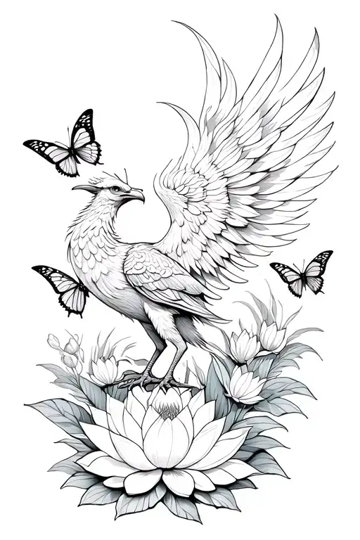 Phoenix tattoo surrounded by butterflies and lotus flowers  tattoo design idea