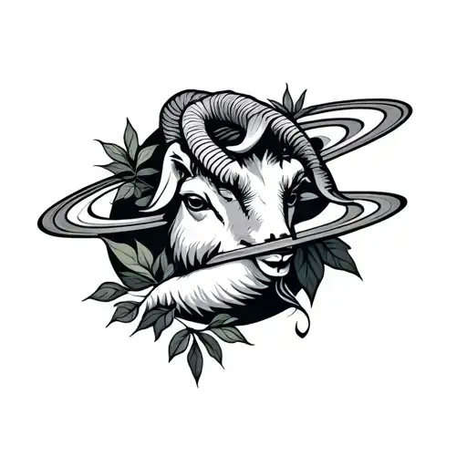 sea goat with the capricorn zodiac sign with leaves and the planet saturn tattoo design idea