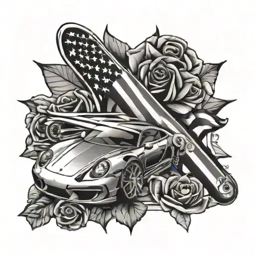 Full arm sleeve with American flag, triathlon, cross, camera, and a rose and porsche sports car tattoo design idea