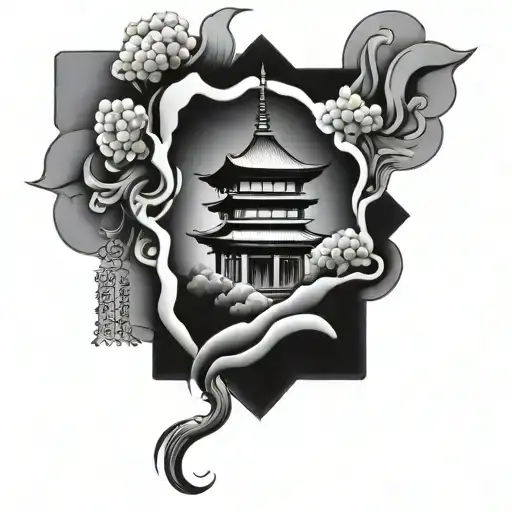 a pagoda coming out of a rectangular japanese charm tattoo design idea