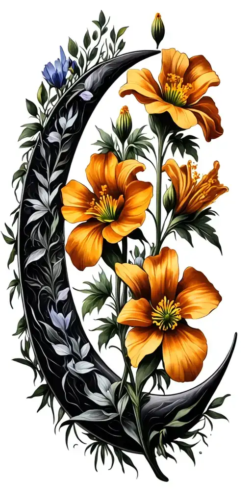 evening primrose, campanula, and balsam in the shape of a crescent moon tattoo design idea