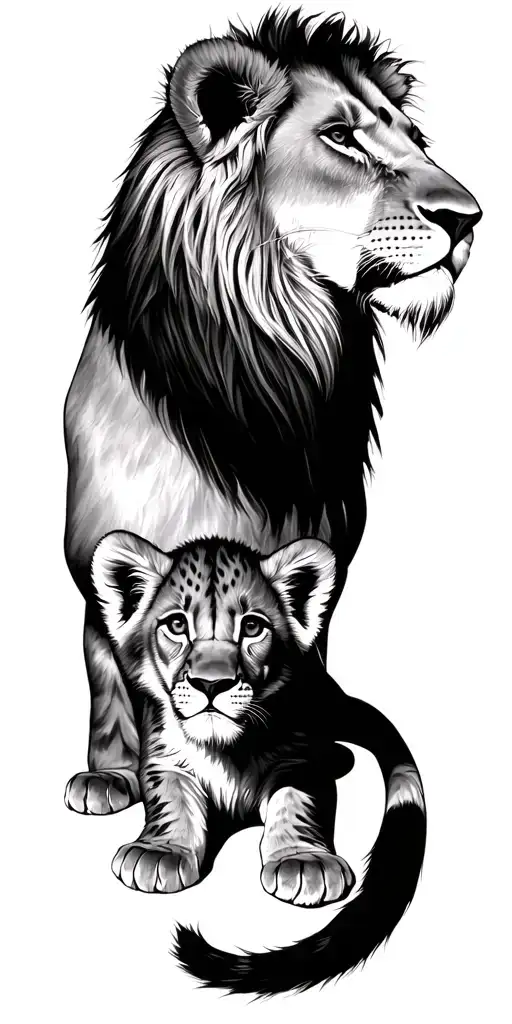 Lion King, female lion, lion cub, lion cub resting tattoo design idea