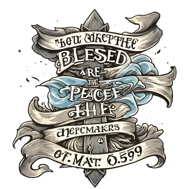 Cross with ""Blessed are the peacemakers" written on a blue banner draped on the cross.  Mat 5:9 written underneath tattoo design idea