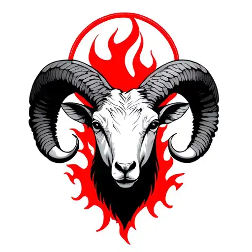 half ram head half Aries zodiac sign with red fire outline in background and angel halo on top fine line tattoo design idea