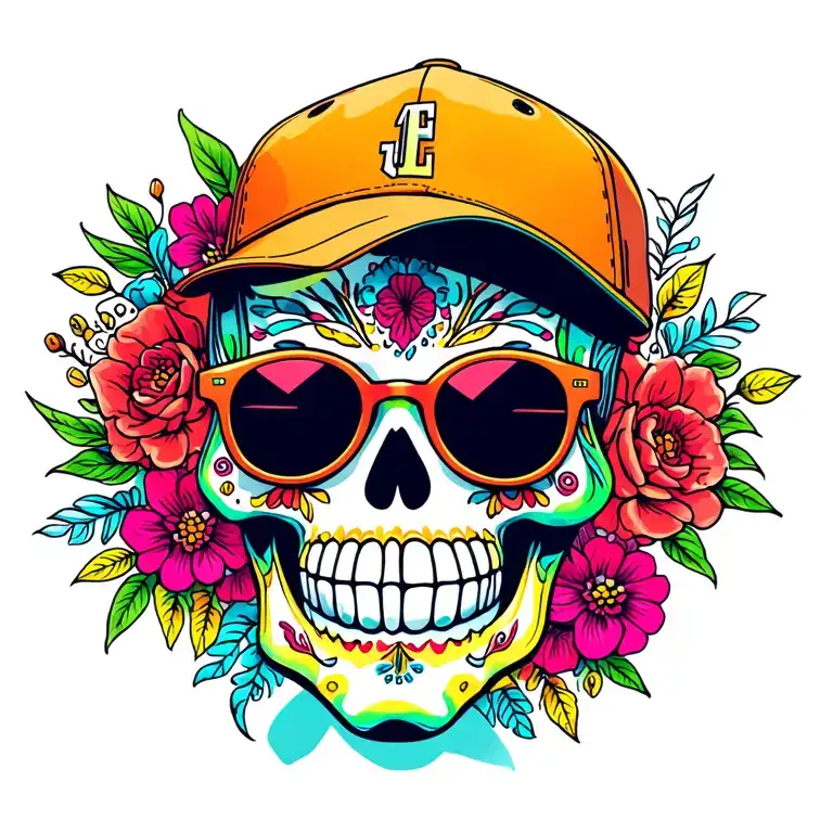  colorful Sugar skull wearing sunglasses and ball cap tattoo design idea