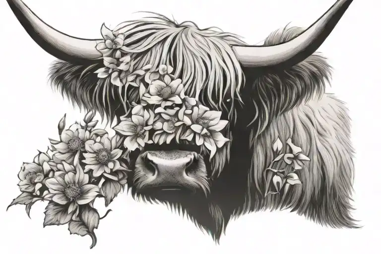 highland cow with flowers tattoo design idea